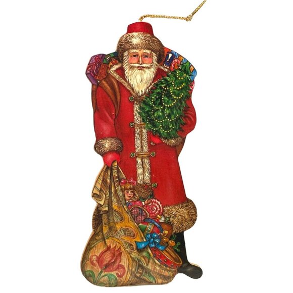 Vintage Victorian Santa Christmas Tree Ornament Wooden Flat Holiday Decoration - Picture 2 of 6